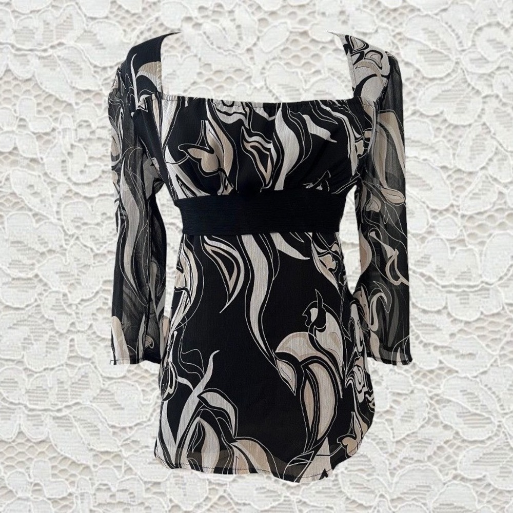 vintage 90s babydoll swirl patterned 3/4 sleeve‎ top